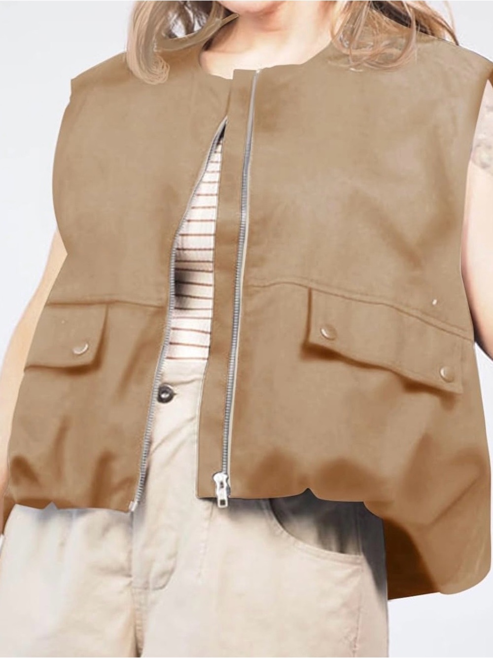 Teddify Women's Brown Sleeveless Utility Cargo Bubble Hem Zip Vest, NWOT